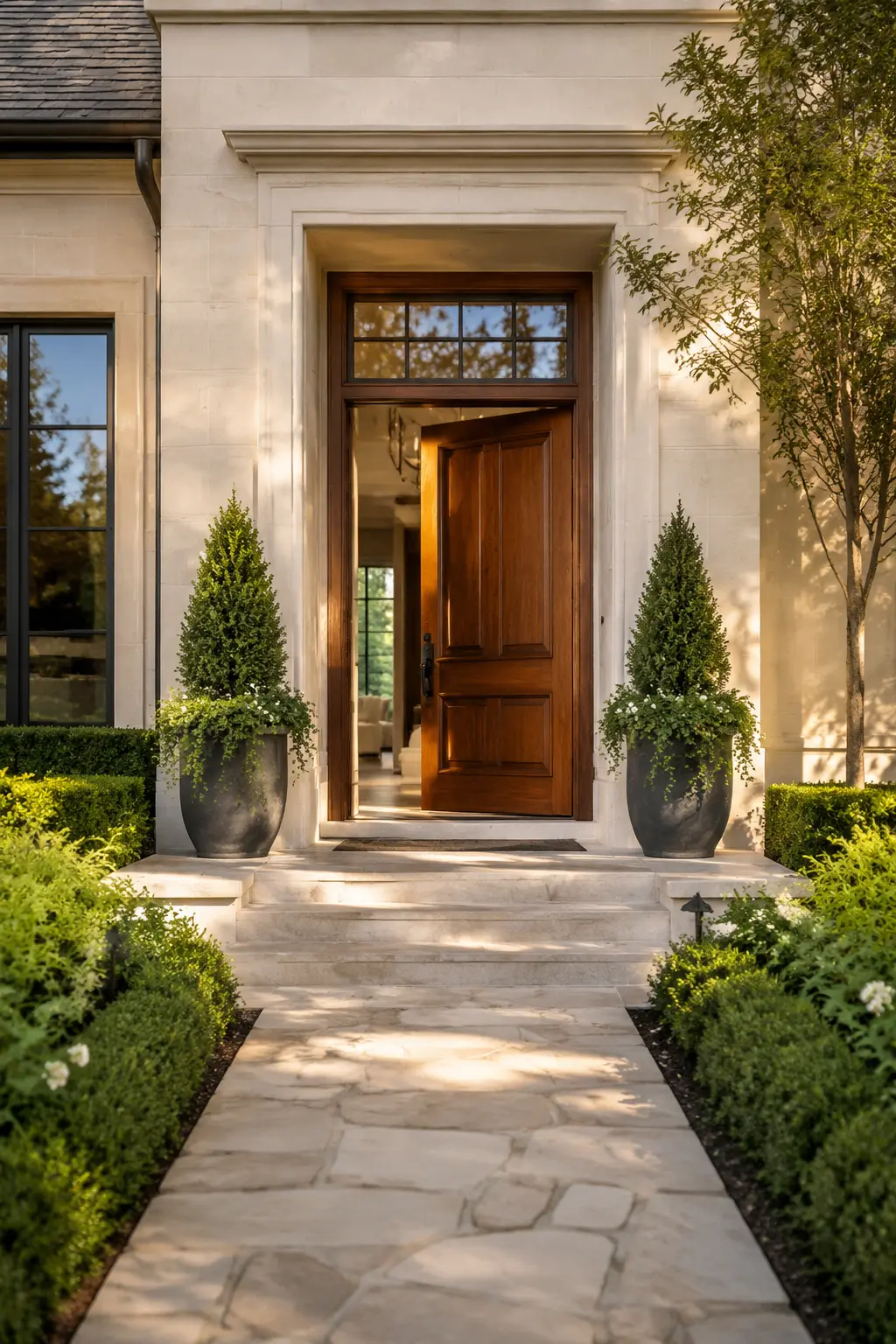 Sunlit front entrance of a Houston home, a wooden door at the top of a stone path