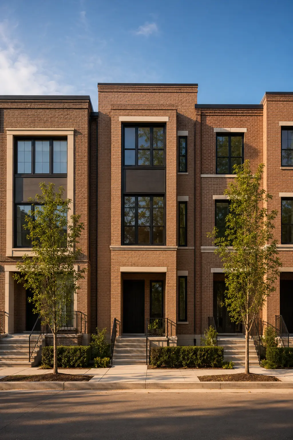 Row of newly built modern brick townhomes in late afternoon light