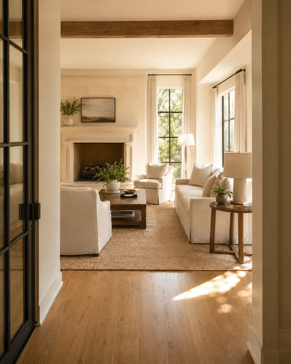 Living room with a stone fireplace and tall windows, seen from the entry